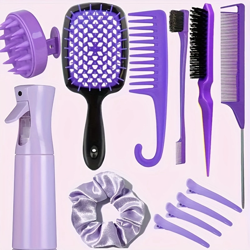 12pcs/Set Hair Styling Comb Set, Detangling Hair Brush For All Hair Types, Teasing Hair Brush Rat Tail Comb Edge Brush, Silicone Scalp Massager Shampo