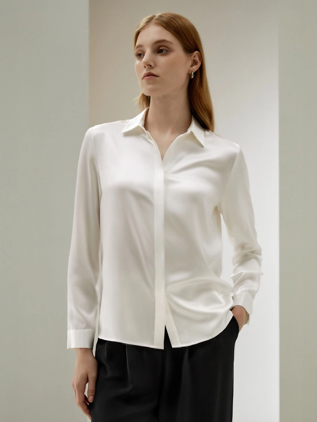 Basic Concealed Placket Silk Shirt For Women UK