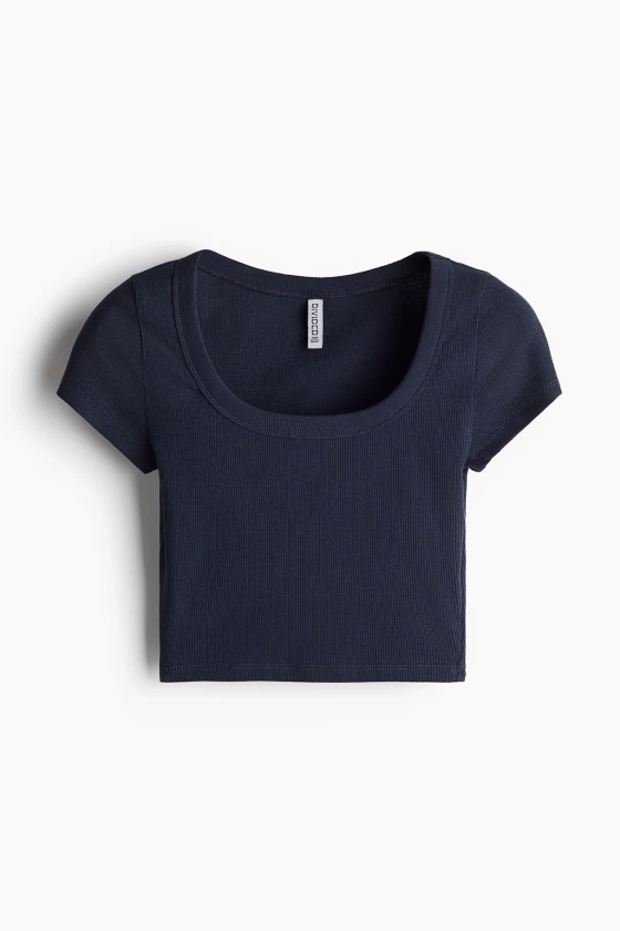 T-shirt côtelé court - Encolure plongeante - Manches courtes - Bleu marine - FEMME | H&M BE