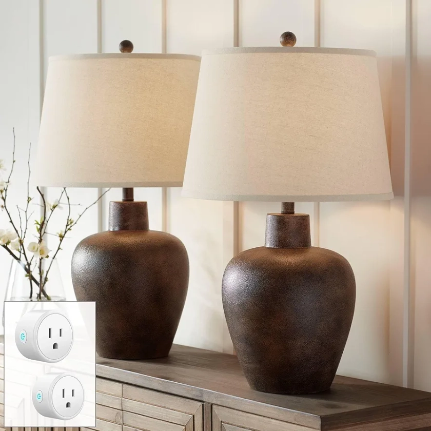 Regency Hill Glenn 27" Tall Urn Farmhouse Rustic Natural Cottage Southwestern Table Lamps Set of 2 WiFi Smart Socket Dark Terra Cotta Finish Living Room Bedroom Bedside Nightstand Fabric Shade