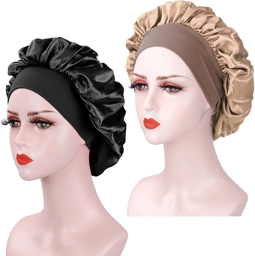 2 Pieces Bonnet Soie Cheveux Nuit, Bonnet en Satin pour Femme, Bonnet en Satin à Bande Élastique Douce, Bonnet de Nuit en Soie, Bonnet de Nuit en Satin pour Le Soin des Cheveux (Noir+Or) : Amazon.fr: Mode