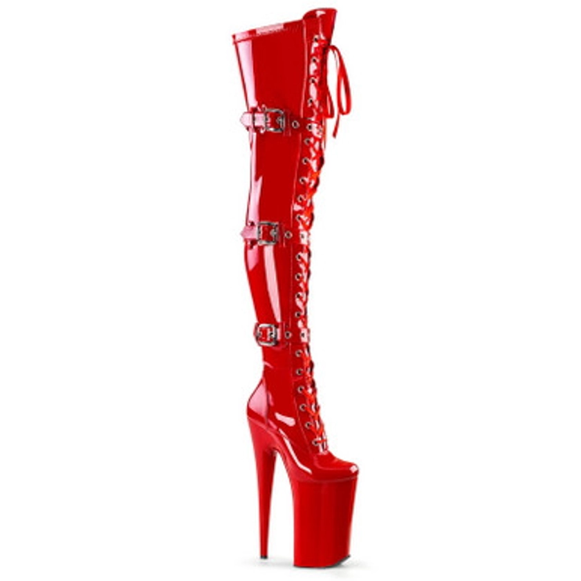 10" Heel Red Stretch Patent Thigh High Boots