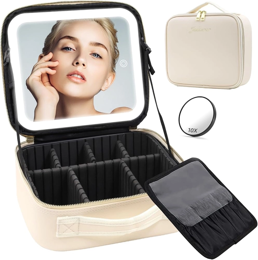 Trousse de Maquillage de Voyage avec Miroir Lumineux Trousse de Maquillage cloisonnable Trousse de Maquillage cosmétique avec Miroir Lumineux à 3 Modes d'éclairage