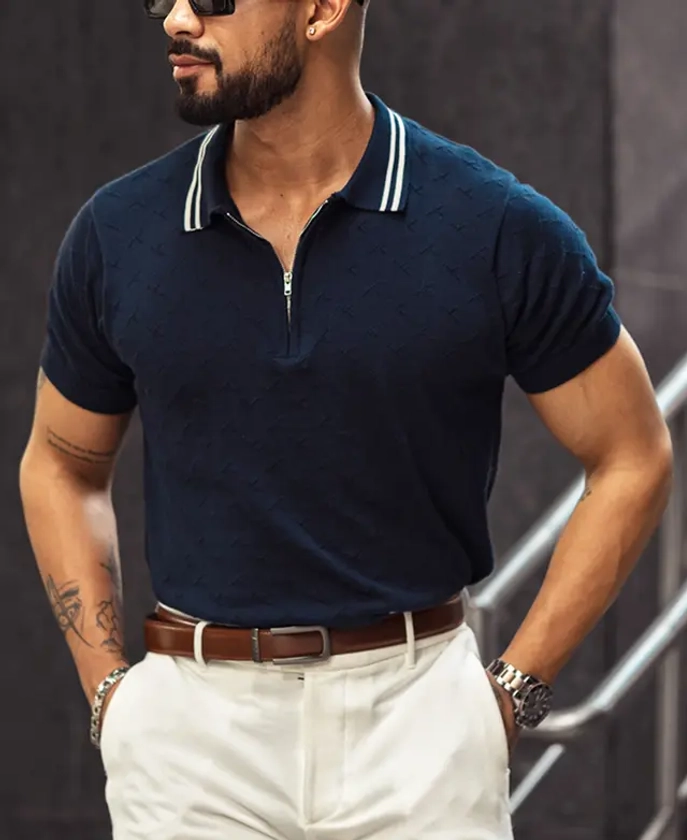 Navy Blue Structured Regular Fit Half Sleeves Zipper T Shirt