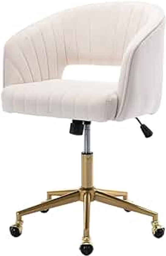 Nrizc Velvet Office Desk Chair, Upholstered Home Office Desk Chairs with Adjustable Swivel Wheels, Ergonomic Office Chair for Living Room, Bedroom, Office, Vanity Study (Beige) Material: Metal For Room: Office