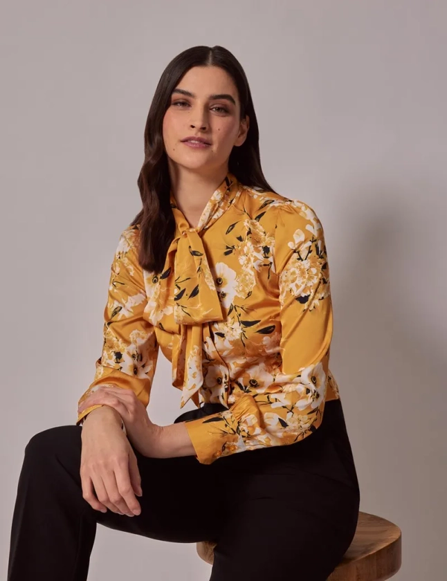 Women’s Yellow & White Floral Satin Pussybow Blouse | Hawes & Curtis