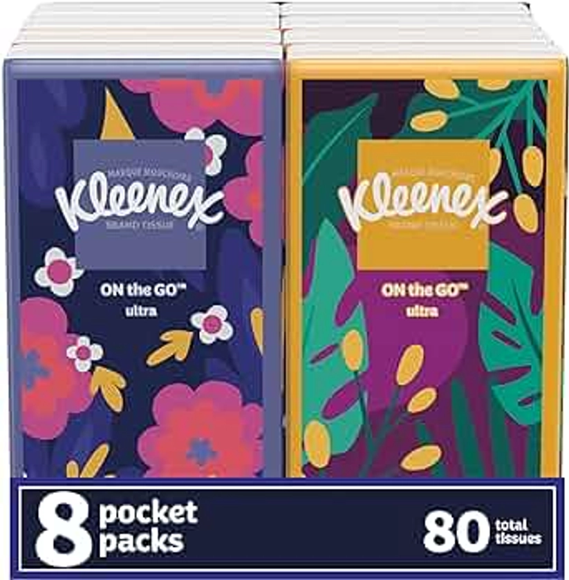 Kleenex Facial Tissues, On-The-Go Small Packs, Travel Size, 10 Tissues per Go Pack, 8 Packs