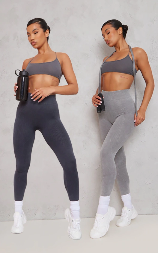 Grey And Charcoal Two Pack Washed Rib Seamless High Waist Gym Leggings