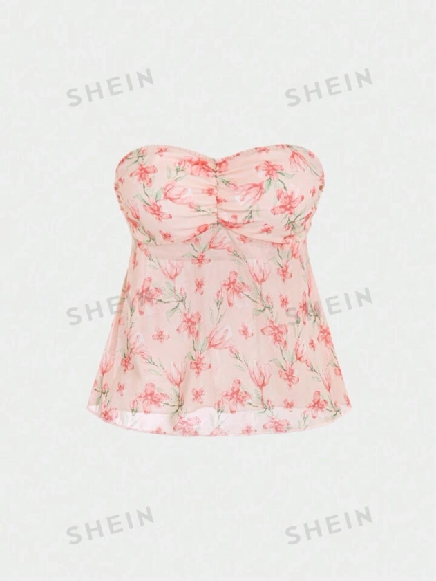 SHEIN MOD Women Summer Floral Printed Ruched Strapless Top