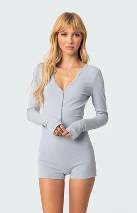 Edikted Fantasy Button Up Ribbed Romper | PacSun
