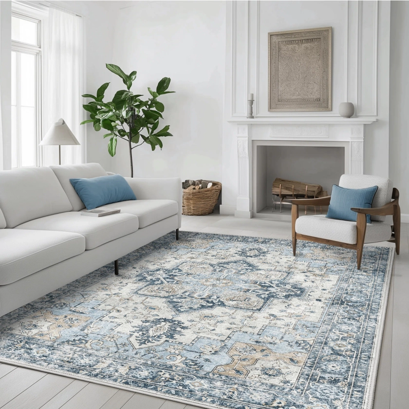 RoehitArea Rug for Living Room Machine Washable Rugs Non-slips Blue Rugs