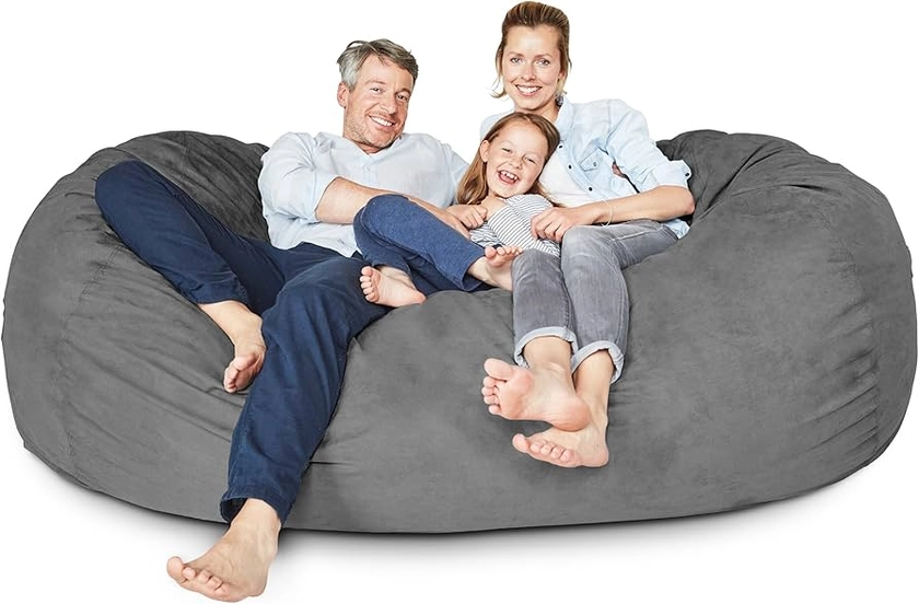 Lumaland Luxurious Giant 7ft Bean Bag Chair with Microsuede Cover - Ultra Soft, Foam Filling, Washable Jumbo Sofa for Kids, Teenagers, Adults Sack Dorm, Family Room Dark Grey