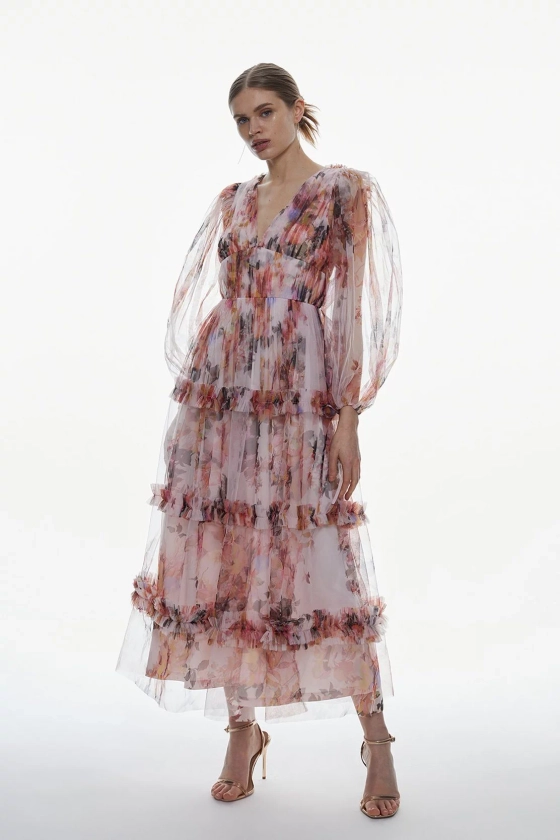 Karen Millen Floral Tulle Plunge Maxi Dress