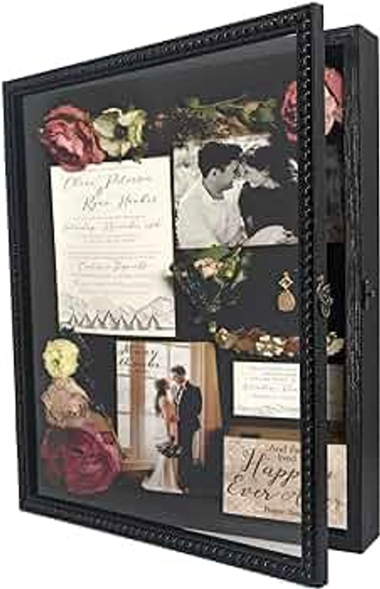 Shadow Box Deep Front Open with Hinge Beaded Designed Display Case with Linen Back, Picture Frame Wedding Bouquet Memorabilia Medals Photos Memory Box for Keepsakes Black 13x16