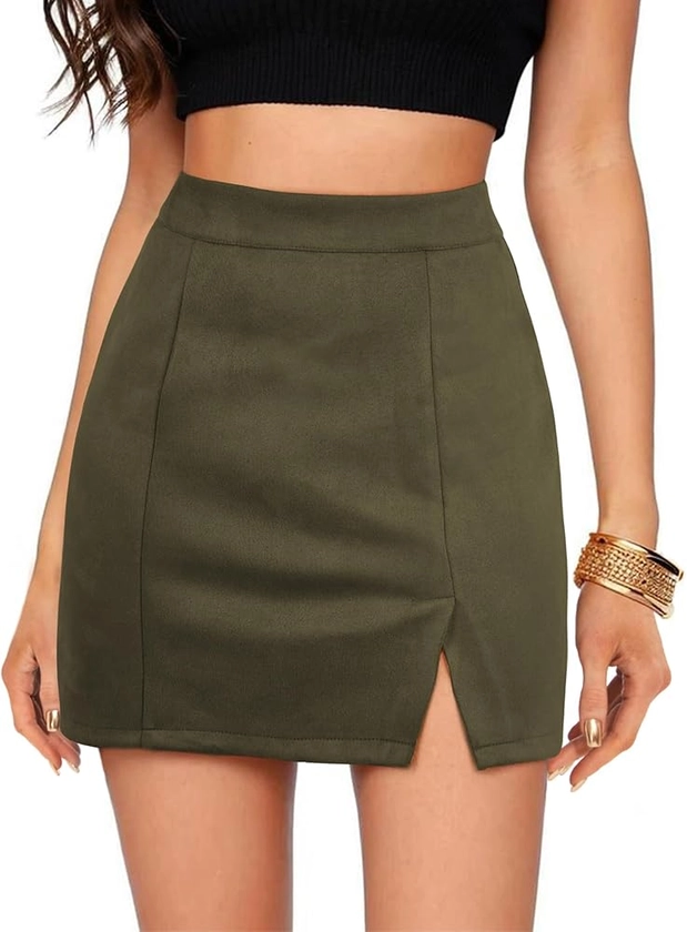 Womens Faux Suede Skirt with Slit High Waisted Mini Skirt Side Split A-Line Bodycon Short Skirt