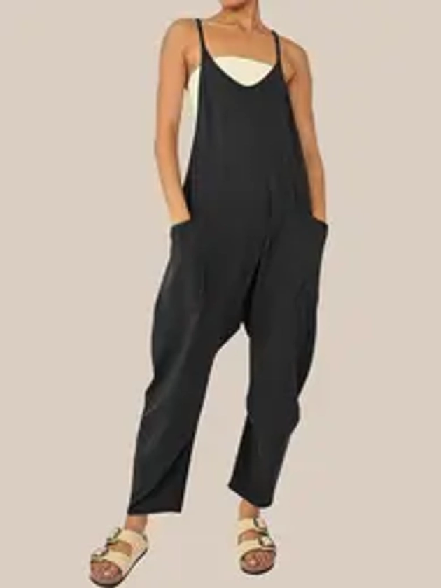 Women's Solid Color Pocket V Neck Overall Jumpsuit without Tube Top, Casual Basic Minimalist Comfort Adjustable Spaghetti Strap Sleeveless Overall Jumpsuit for Fall, Fashion Lady Back To School Clothing for Daily Wear, Womenswear 80s Fashion