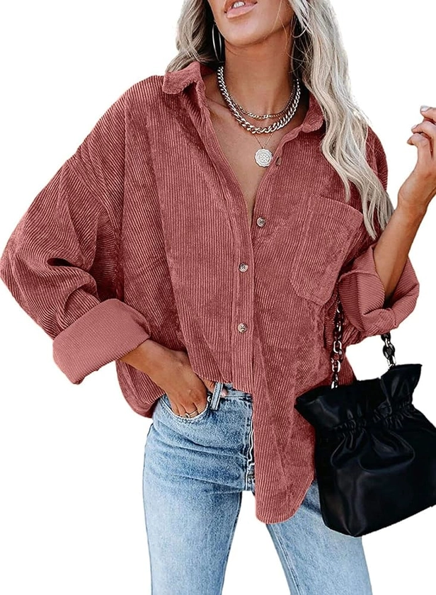 MIHOLL Womens Corduroy Button Down Shirts Casual Long Sleeve Jacket Oversized Boyfriend Blouses Tops with Pockets
