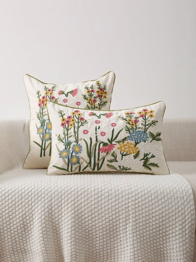 Flower Embroidery Cushion Cover Without Filler, Cottagecore Throw Pillowcase For Sofa, Home Decor