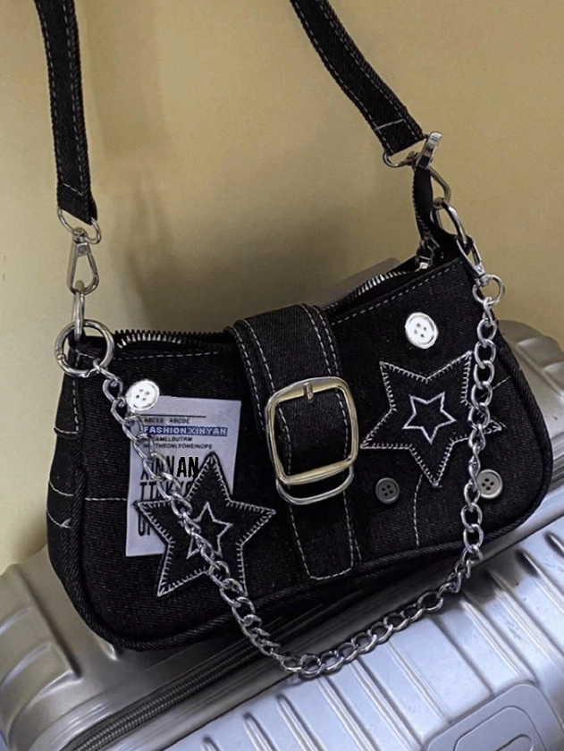 Vintage Y2K Style Women's Bag With Color Blocking, Star Pattern & Chain Strap, Suitable For Girls, Ladies, Students, Office Workers, White-Collar Workers, Commuters, And School Outings