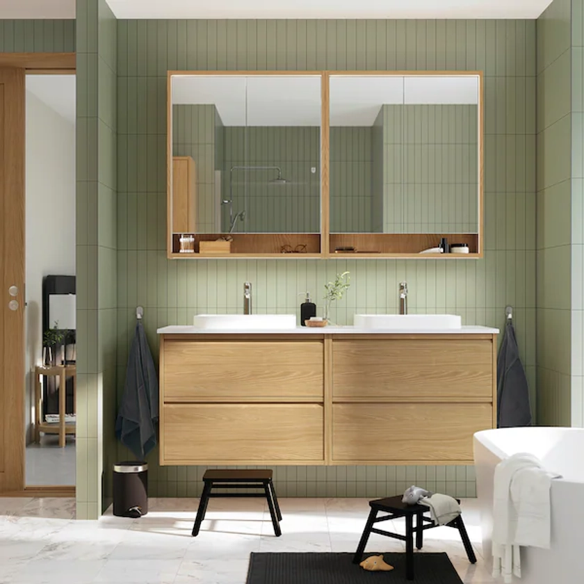 ÄNGSJÖN / BACKSJÖN Double vanity with sink & faucet, oak effect/white marble effect, 61x211/2x281/4" - IKEA