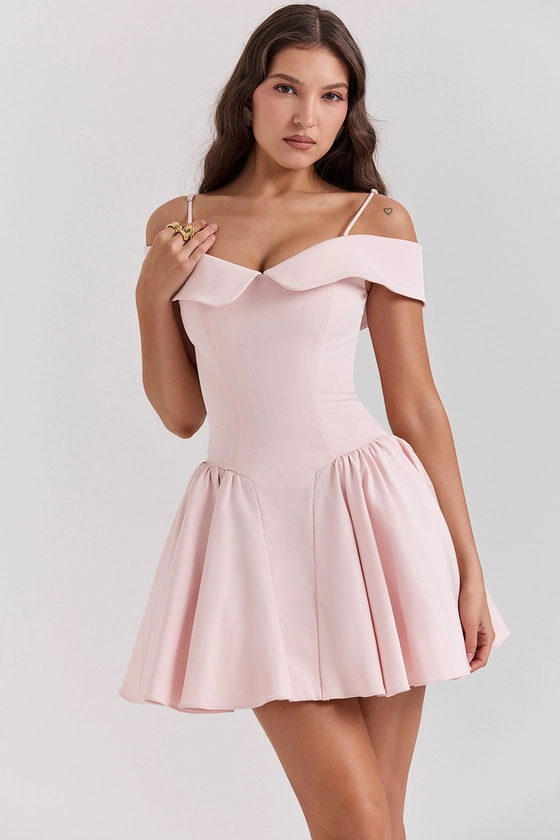 Clothing : Mini Dresses : 'Elida' Ballerina Pink Off Shoulder Mini Dress
