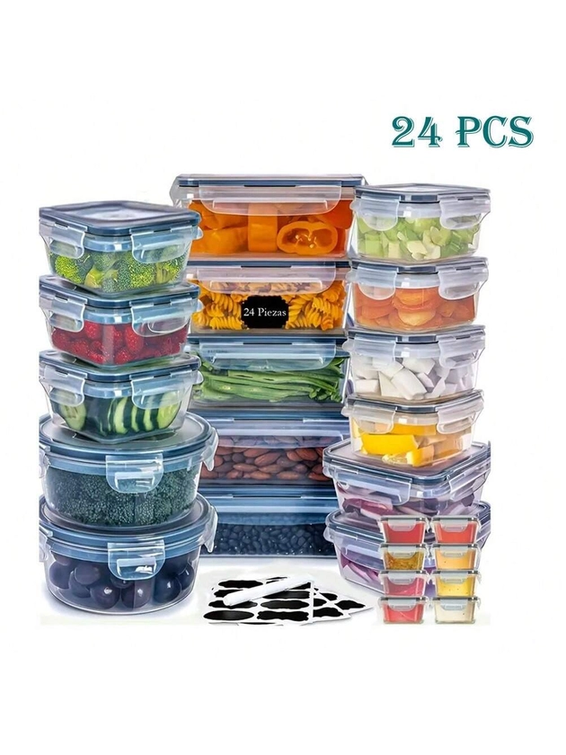 48 Piece Food Storage Containers Set With Easy Snap Lids (24 Lids + 24 Containers) - Airtight Plastic Containers For Pantry & Kitchen Organization Lunch Box With Free Labels & Marker