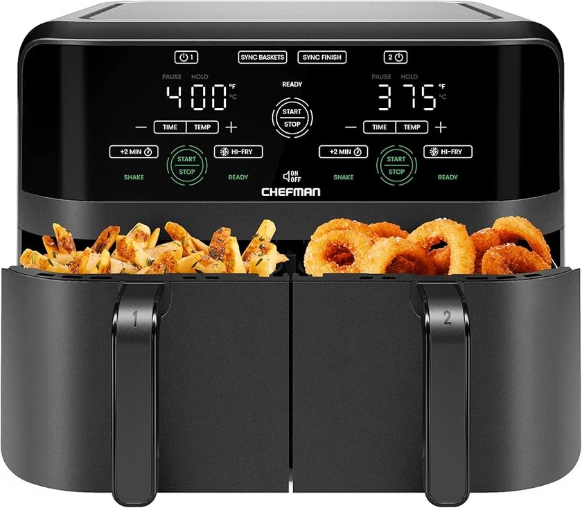 Chefman 6 Quart Dual Basket Air Fryer - Digital Touchscreen, Smart Sync Finish, Hi-Fry, Auto Shutoff, 2 Independent 3QT Nonstick Dishwasher-Safe Frying Baskets - Digital Double Air Fryer - Black