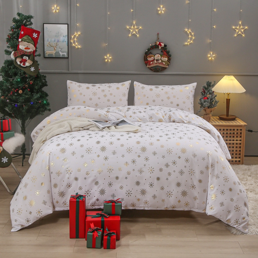 3pcs Duvet Cover Set, Christmas Bronzing Snowflake Bedding Set, Soft Comfortable Duvet Cover, For Bedroom, Guest Room (1*Duvet Cover + 2*Pillowcases, Without Core)