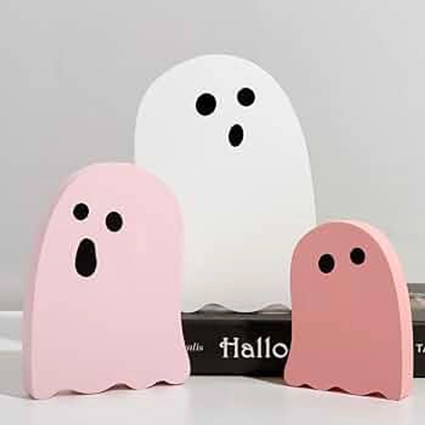 Halloween Table Decorations Indoor: 3ct Halloween Cute Ghost Decorations, Pink White Ghosts Wood Plank Signs, Pastel Halloween Tiered Tray Decor Wooden Ghost for Home Office Party Kid Gifts