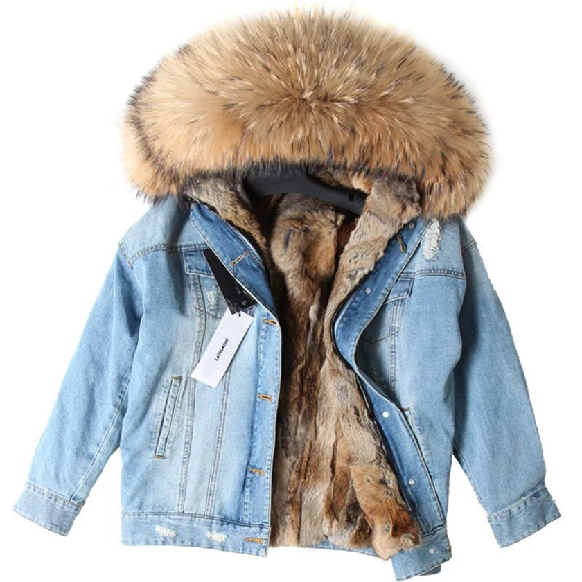 Denim Fox Fur Parka "Stylish"