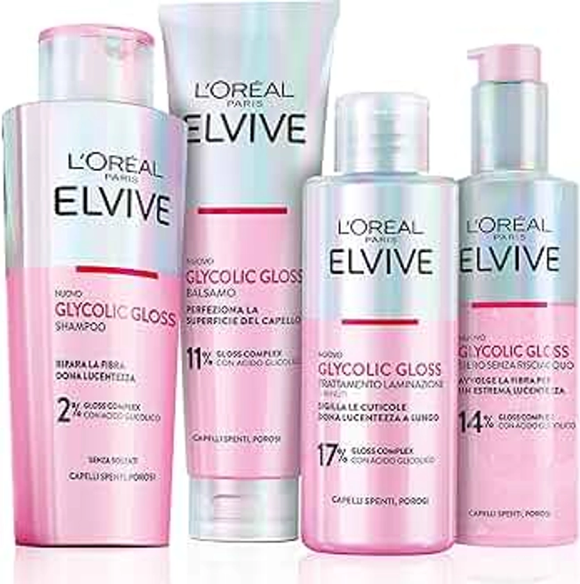 L'Oréal Paris Elvive Routine con Shampoo, Balsamo, Trattamento Laminazione 5 Minuti e Siero Senza Risciacquo, Per Capelli Spenti e Porosi, Luminosità Intensa, Con Acido Glicolico, Glycolic Gloss