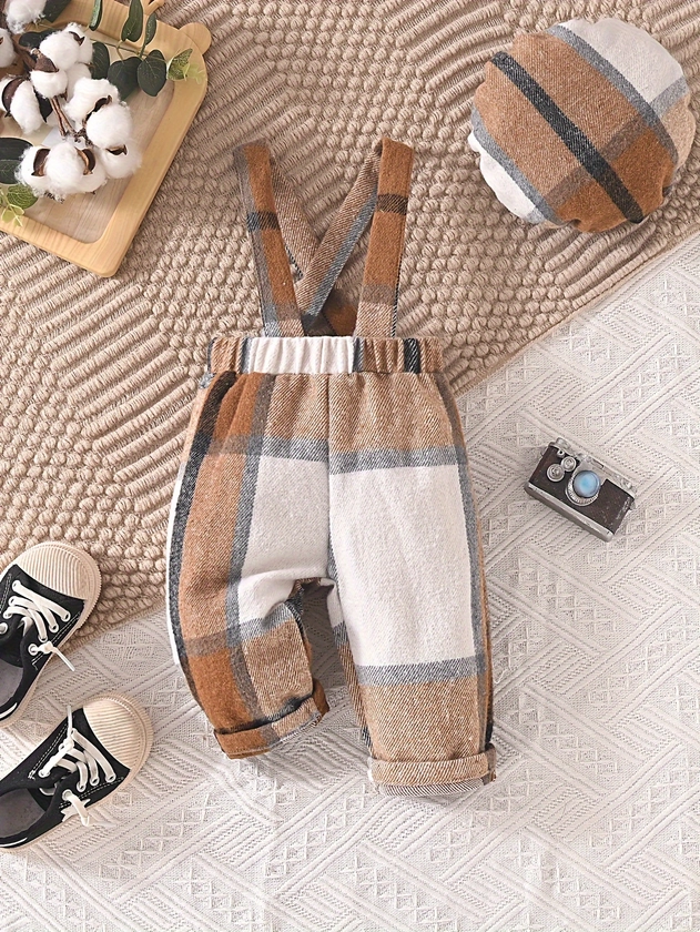 Infant &amp; Toddler&#39;s Plaid Pattern Jumpsuit, Preppy Style Overalls, Baby Boy&#39;s Clothing