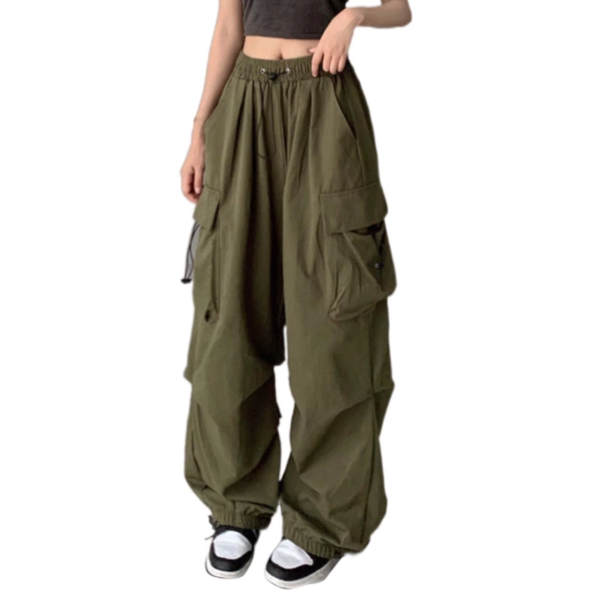 Women Cargo Pants for Summer Solid Color Lightweight Cargo Pants Drawstring Elastic Waist Relaxed Fit Casual Trousers Harajuku Bowling Casual Trousers Multi Pocket(Green,M) - Walmart.com