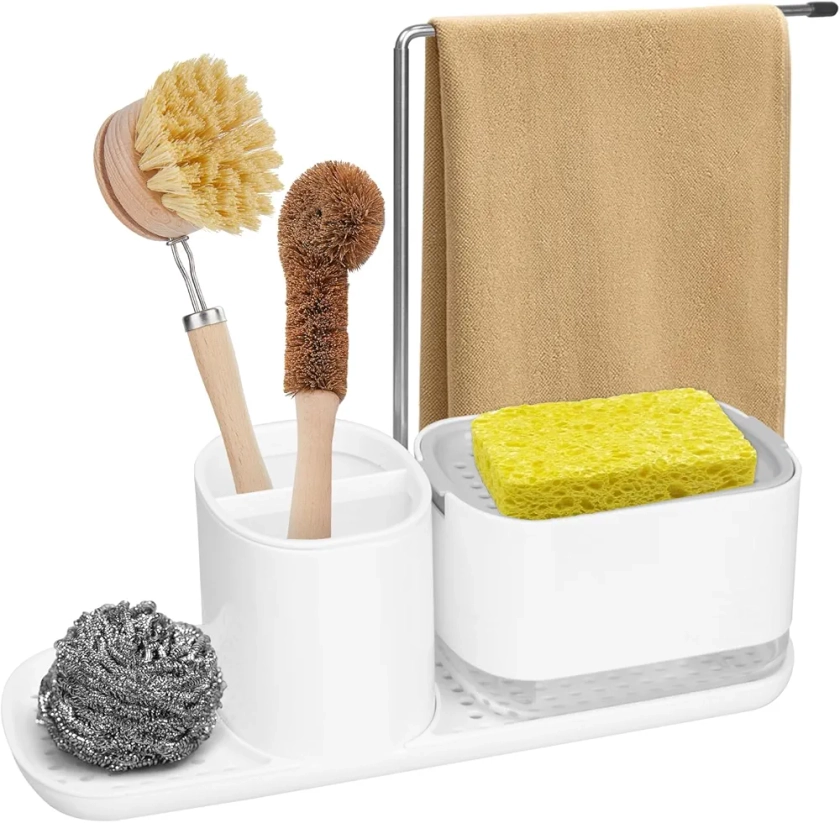 FANTICDE Countertop Organiser-Sink Caddy Organizer, With Push Button Soap Dispenser (300ml), with Shelf, Drainer, Sponge Brush Soap Dish, for Kitchen Bathroom (White) : Amazon.nl: Home & Kitchen