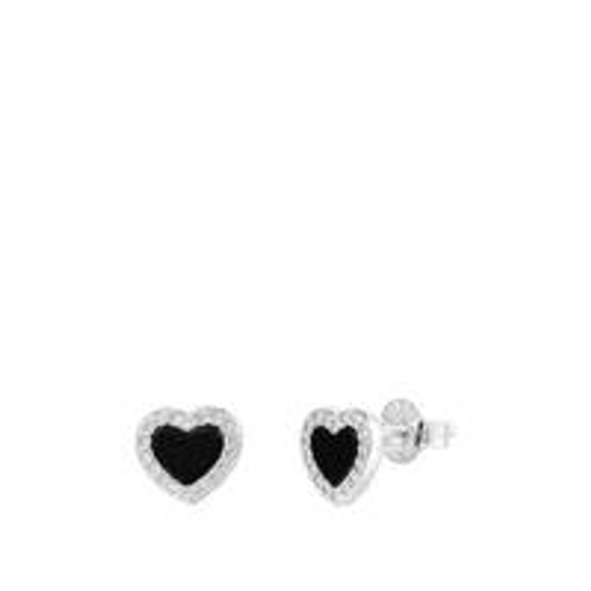 Sterling Silver Black & CZ Heart Stud Earrings