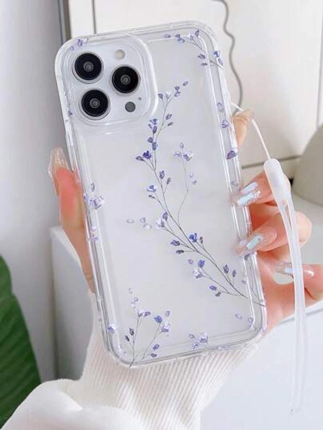 With Phone Charm 1pc Floral Pattern Airbag Phone Case With Neck Strap, Compatible With IPhone 15Pro Max 12/13/14 15plus/15Pro/15