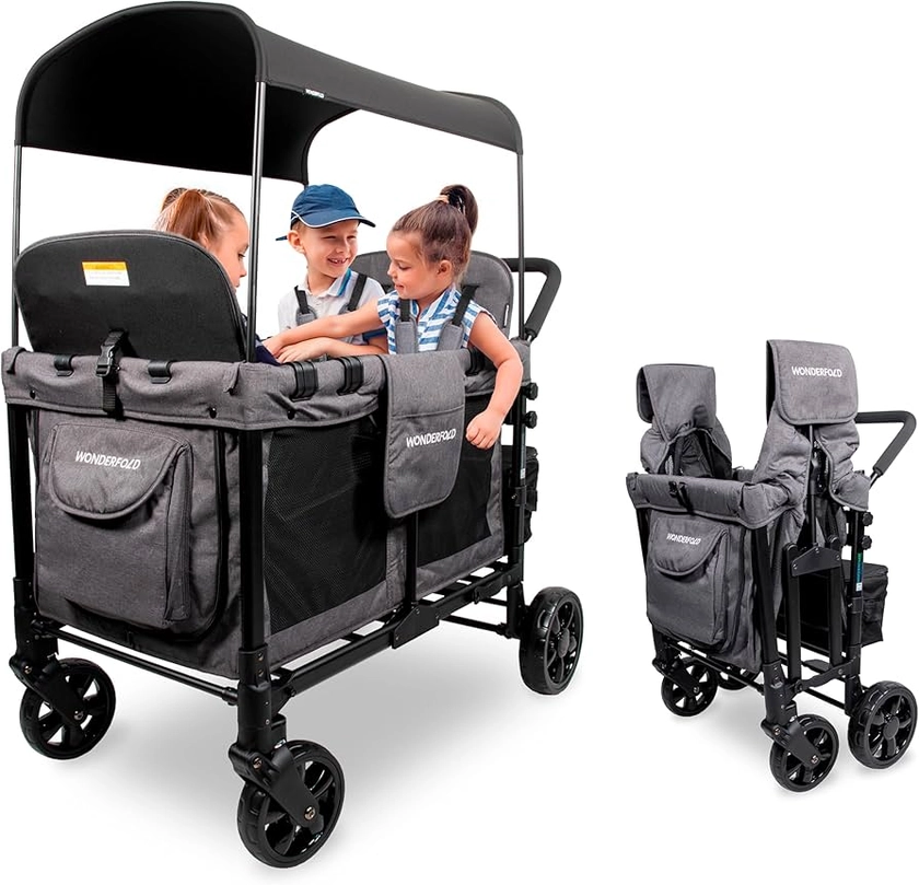 WONDERFOLD W4 Original Quad Stroller Wagon (4 Seater) - Collapsible Wagon Stroller with Seats with 5-Point Harnesses, Easy Access Zipper Door, and Removable Sun Canopy, Gray