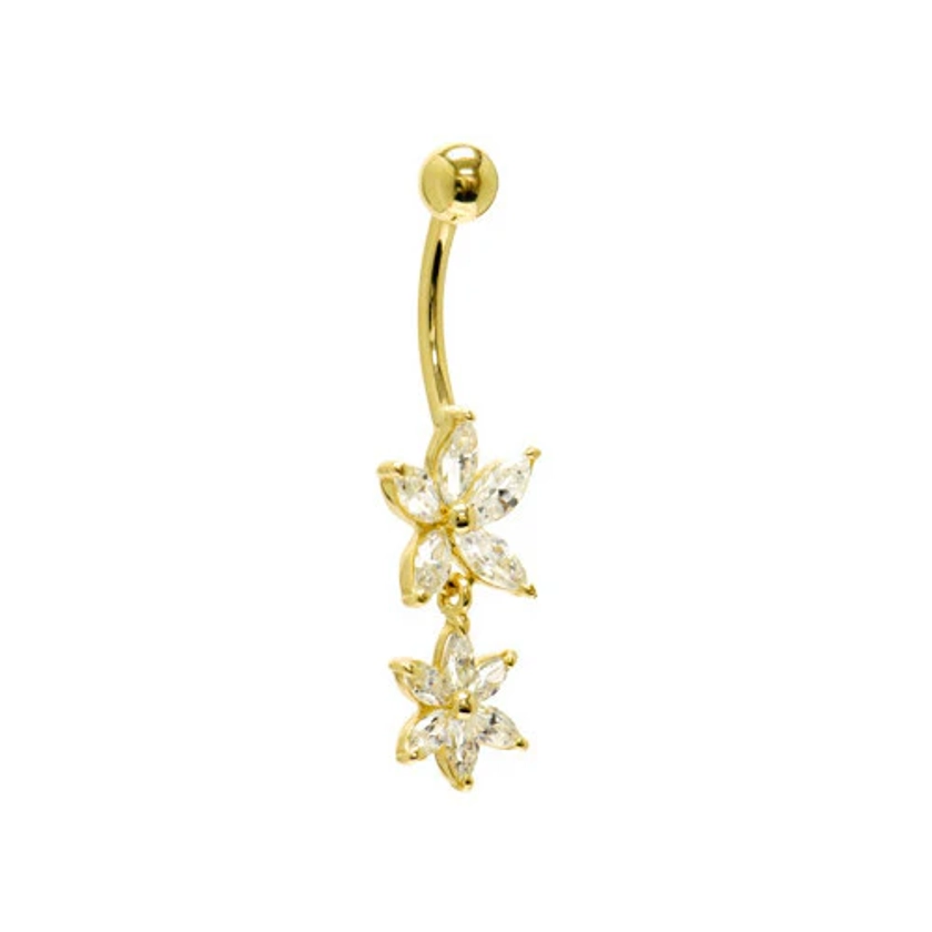 Solid 14KT Yellow Gold Cubic Zirconia DUAL LILY Dangle Belly Ring