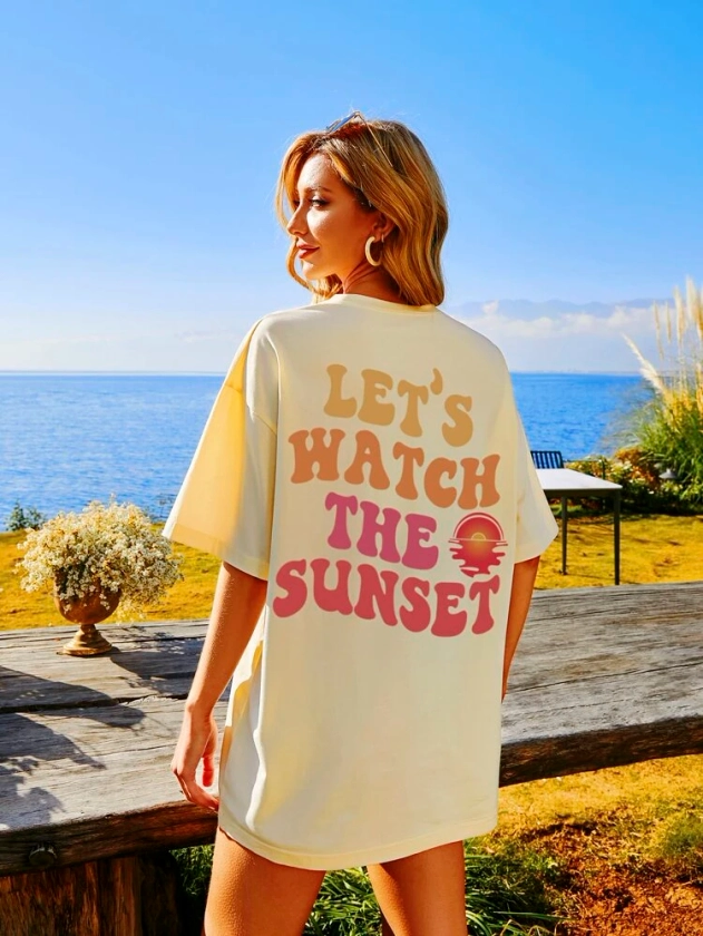 SHEIN EZwear Sun & Slogan Graphic Drop Shoulder Tee