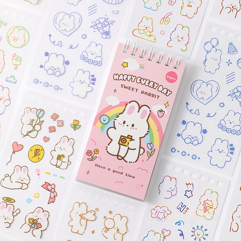 50 Sheets Cute Cartoon Rabbit Stickers Set Scrapbooking Washi Stickers Waterproof PET Stickers For DIY Decorating Journaling Notebook Stationery Suppl