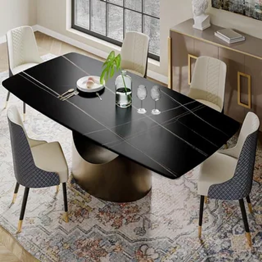 Modern Dining Table for 4-6, Dining Table Sintered Stone Dining Table Top with Gold/Black Carbon Steel Pedestal Table - Bed Bath & Beyond - 39888682