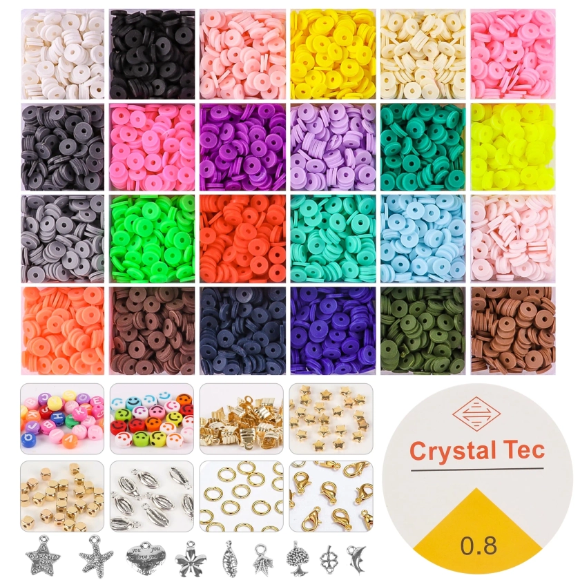CandWuom 24 Colors Clay Beads for Bracelet Making Kit for Girls 8-12 Gifts, Polymer Heishi Beads, Letter Beads for Girls Jewelry Making Crafts