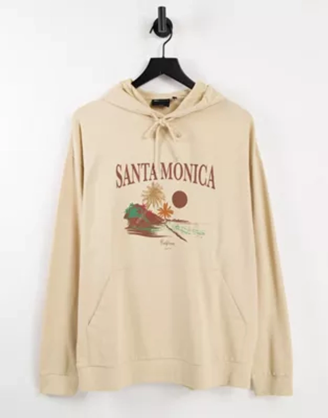 ASOS DESIGN oversized lightweight hoodie in beige with Santa Monica beach print