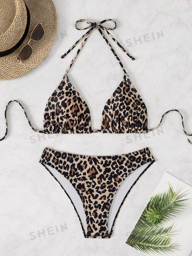 SHEIN Swim Halter Leopard Print Bikini Top And Bottom Swimming Suit Set