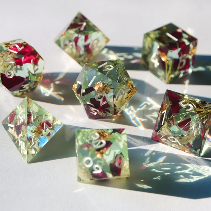 Victorian Tearoom - floral handmade resin sharp edge dnd dice set with real flowers for DnD, D&D, Dungeons and Dragons, RPG dice