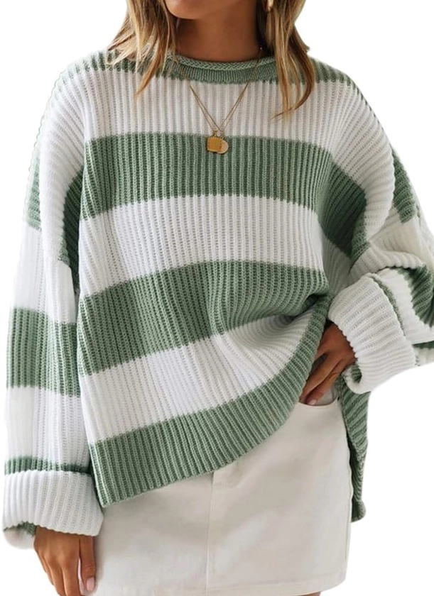 ZESICA Women's 2024 Fall Long Sleeve Crew Neck Striped Color Block Comfy Loose Oversized Knitted Pullover Sweater