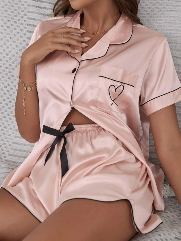 1 Set Heart Embroidery Contrast Binding Satin PJ Set