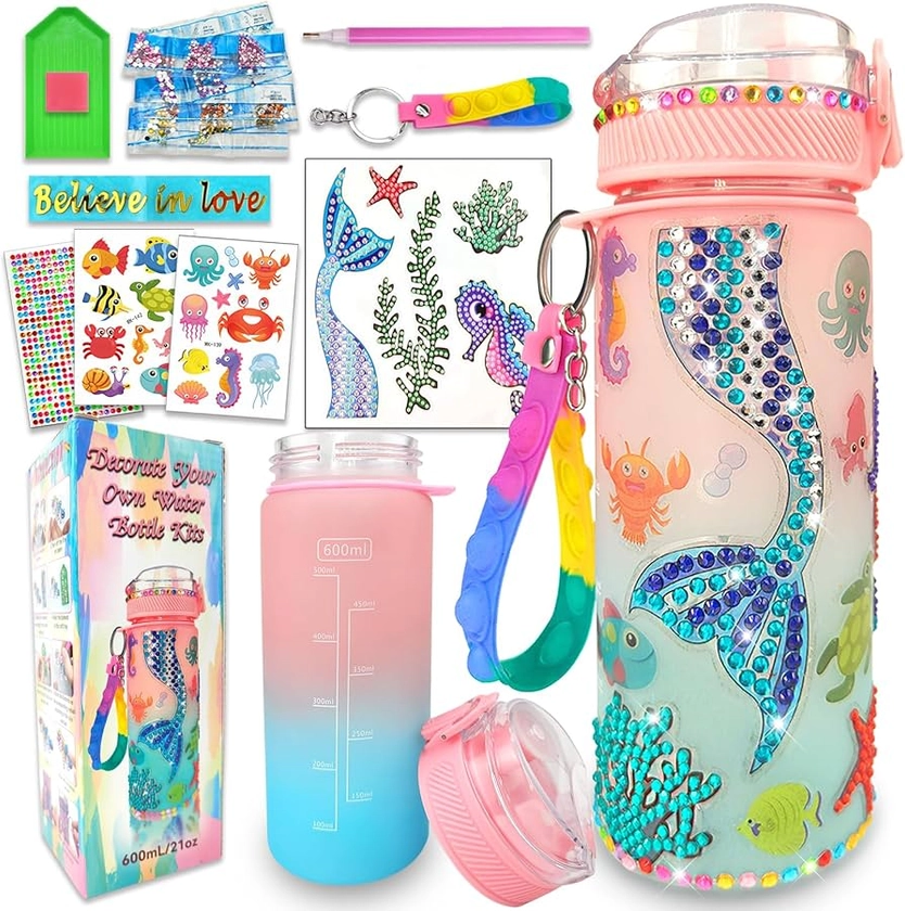 Decorate Your Own Water Bottle Kits for Girls Age 4-6-8-10,Mermaid Gem Diamond Painting Crafts,Fun Arts and Crafts Gifts Toys for Girls Birthday Christmas(Mermaid)…