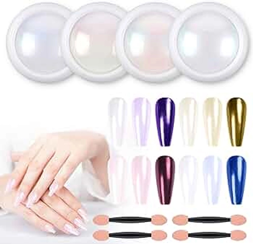 Artdone 4 Jars Chrome Nail Powder Metallic Mirror Effect Pigment Chrome Iridescent Aurora Nail Glitter Mermaid White Pearl Glitter Dust Kit for Gel Polish Nail Art Decoration, Resin Craft