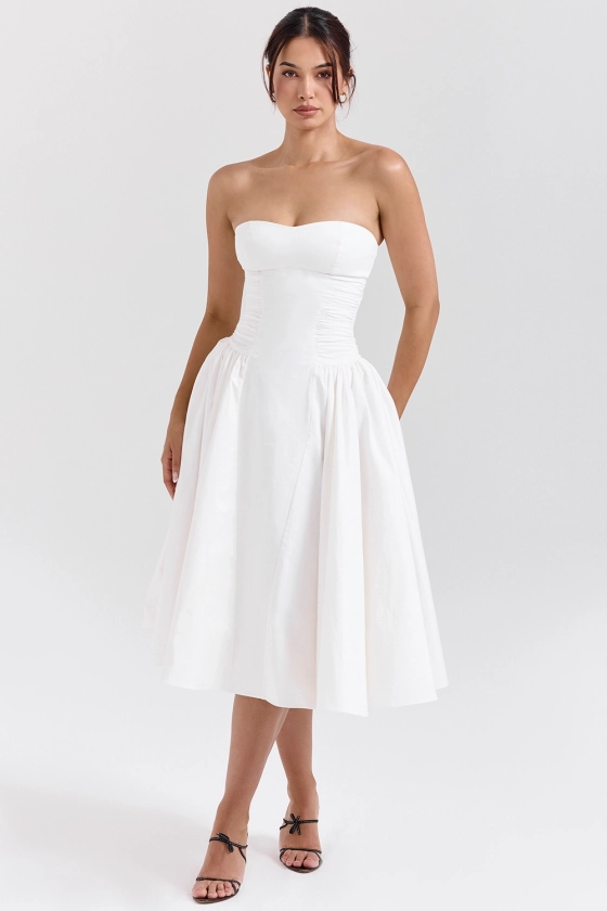 Clothing : Midi Dresses: 'Georgiana' Snowdrop Cotton Strapless Midi Sundress